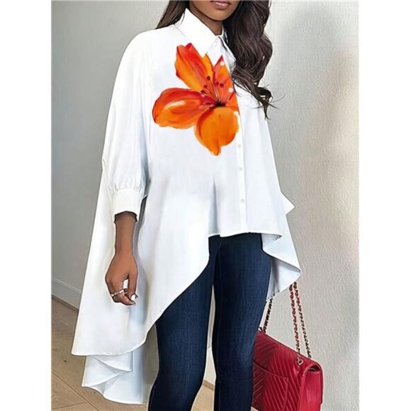 Orange Lily Flower Printed Asymmetrical Hem Long Sleeve Shirt For Women - Picture 1 of 5